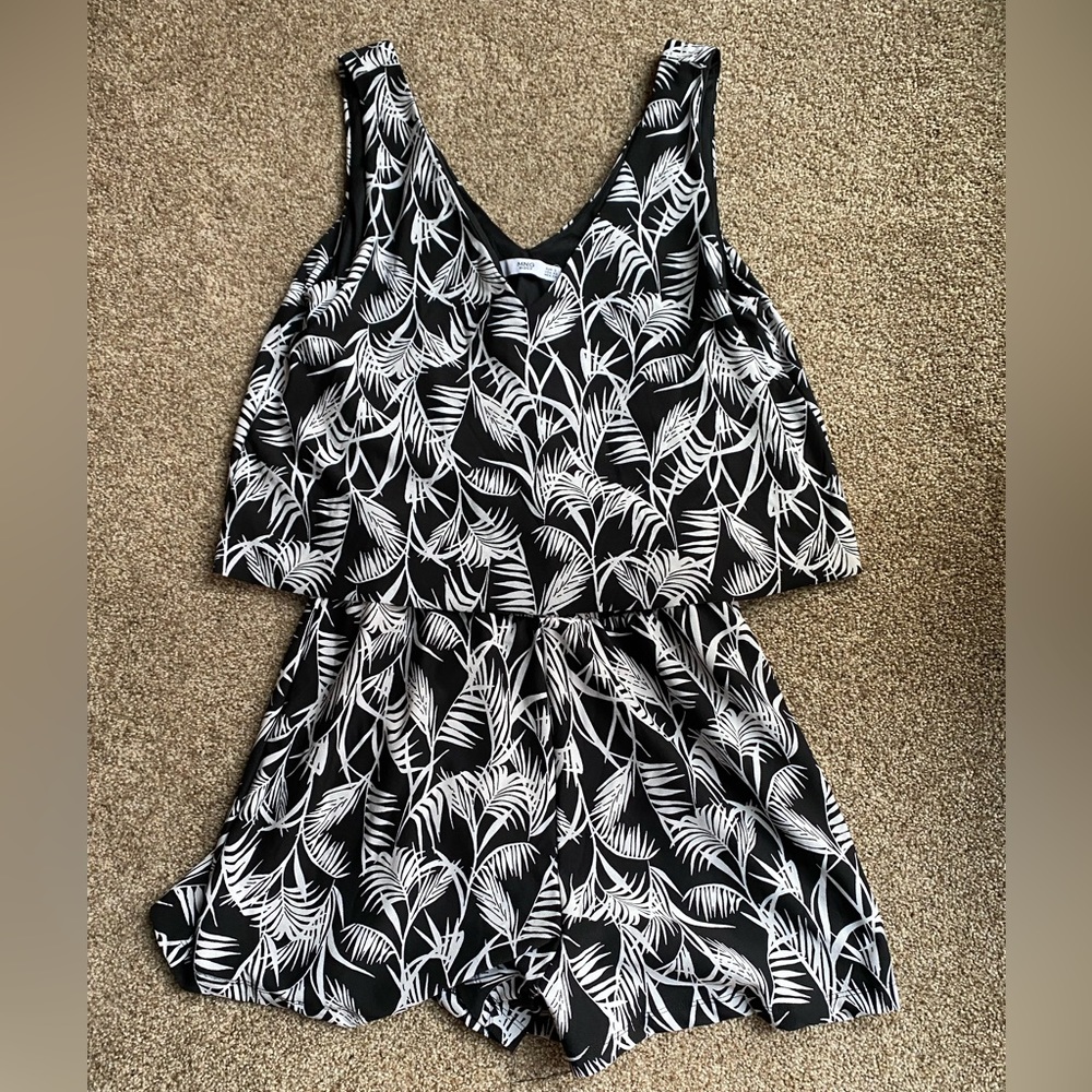 Mango Women’s Casual Black and White Palm Leaves Romper